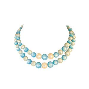 Vtg Womens Pearl Choker Necklace Double Strand Blue White Plastic Beaded 60s